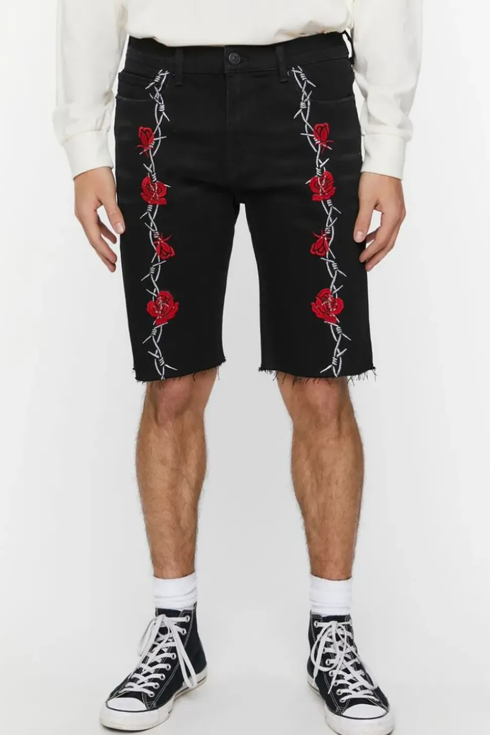 Embroidered Wire & Roses Denim Shorts