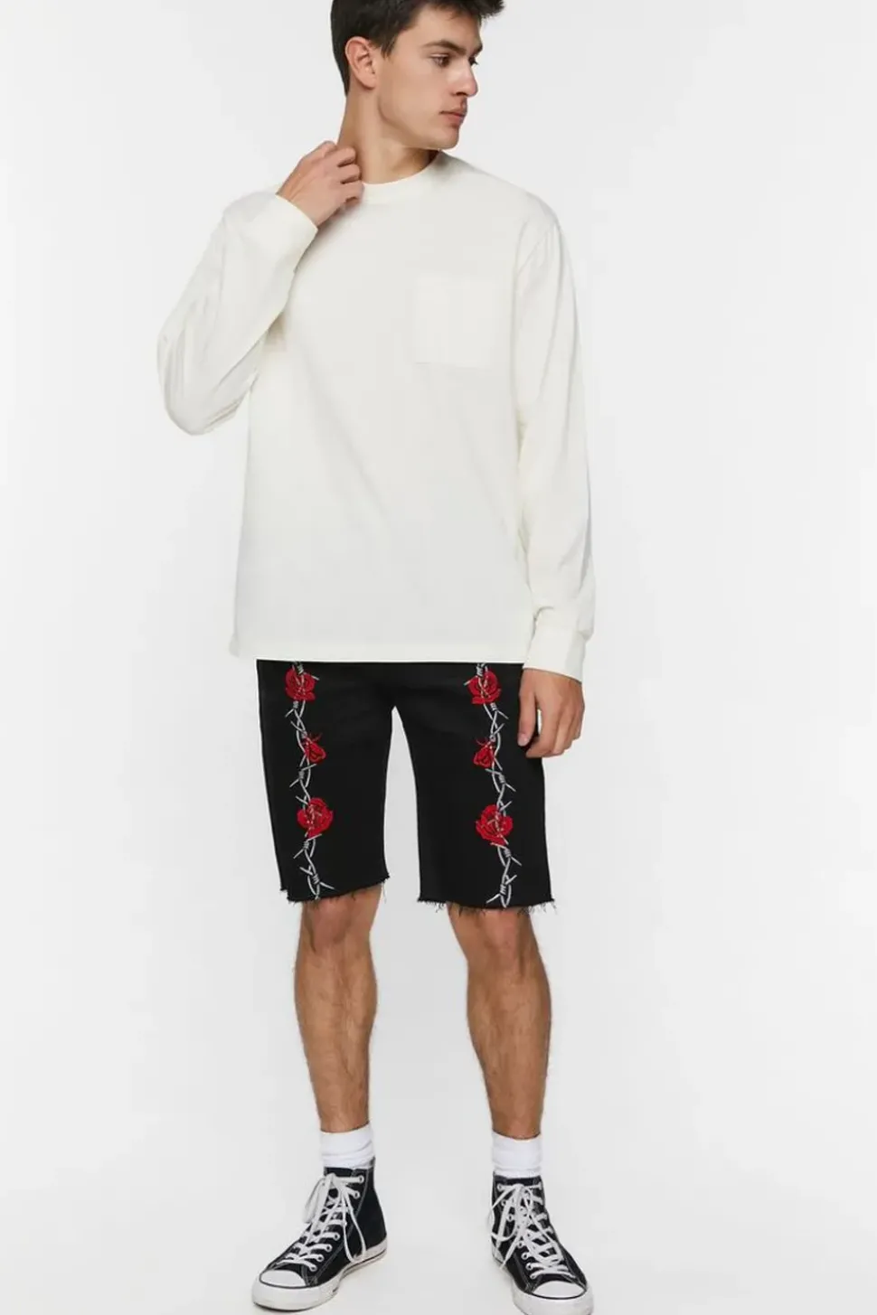 Embroidered Wire & Roses Denim Shorts