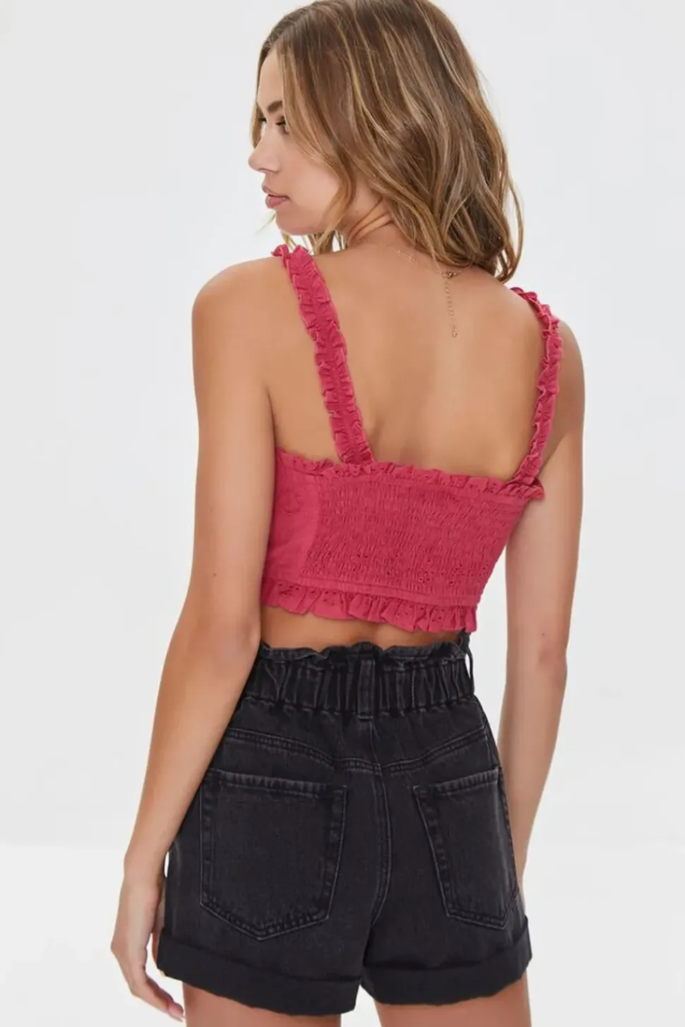 Eyelet Floral Ruffled Crop Top