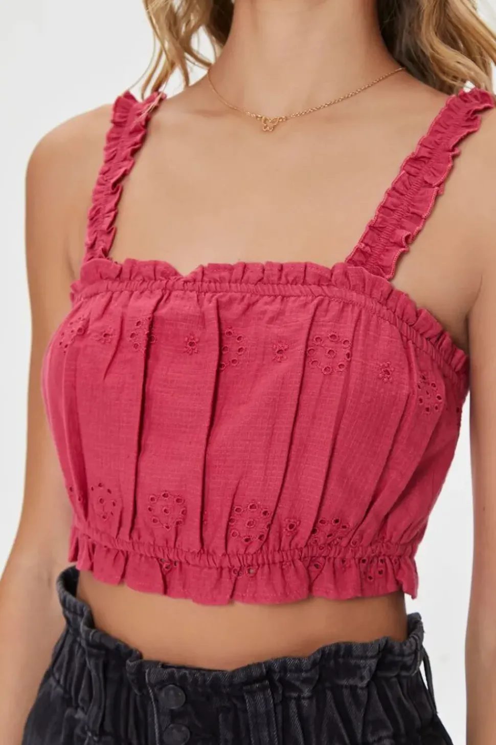 Eyelet Floral Ruffled Crop Top