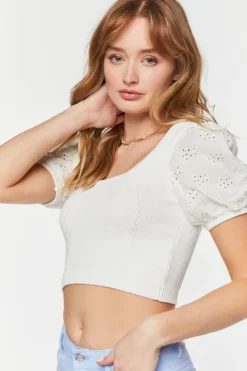 Eyelet Puff-Sleeve Crop Top