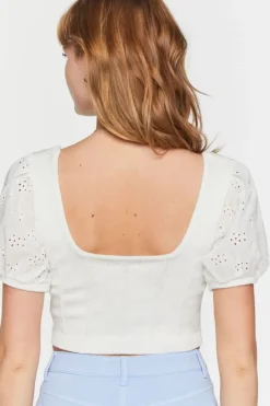 Eyelet Puff-Sleeve Crop Top