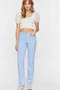Eyelet Puff-Sleeve Crop Top