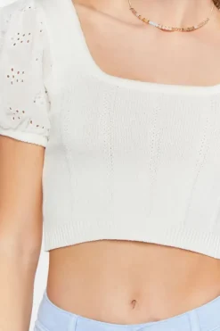 Eyelet Puff-Sleeve Crop Top