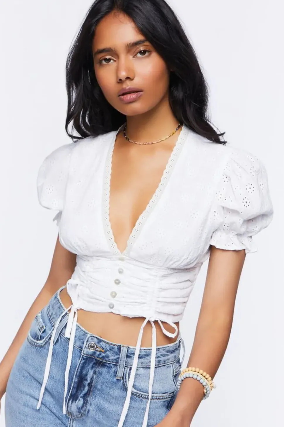 Eyelet Puff-Sleeve Crop Top