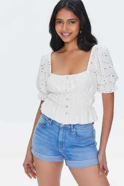 Eyelet Ruffle-Trim Crop Top