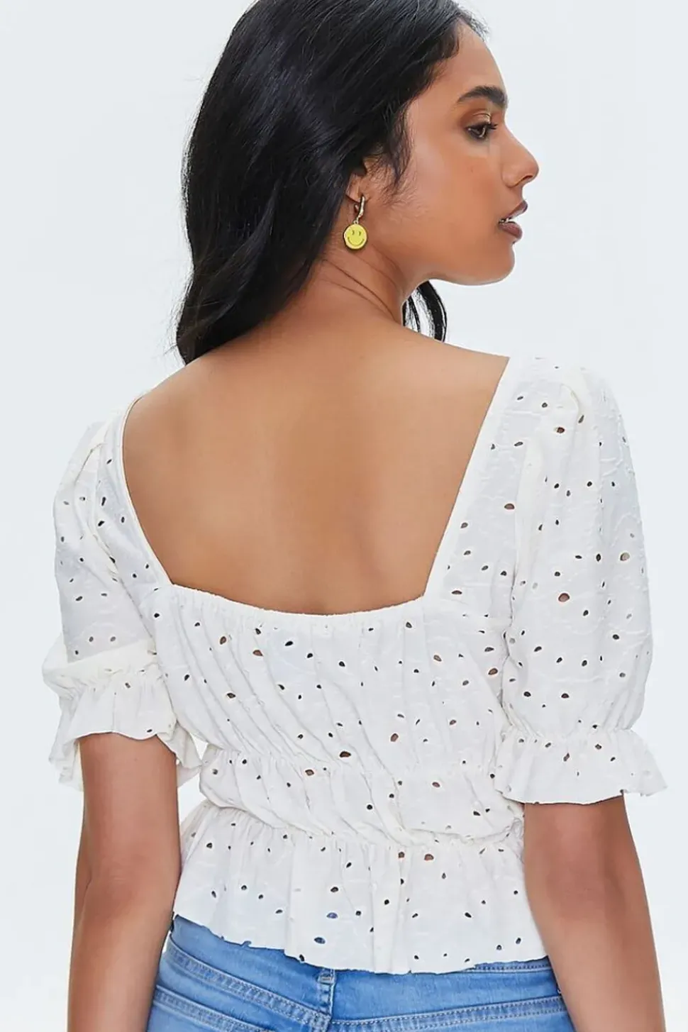 Eyelet Ruffle-Trim Crop Top