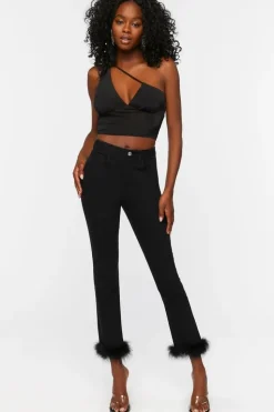Faux Feather-Hem Jeans