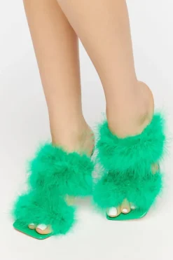 Faux Feather Open-Toe Heels