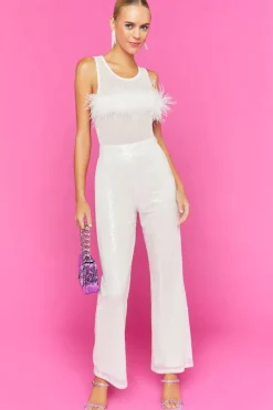 Faux Feather Sleeveless Mesh Bodysuit