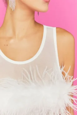 Faux Feather Sleeveless Mesh Bodysuit