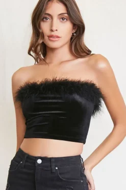 Faux Feather-Trim Tube Top