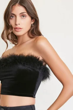 Faux Feather-Trim Tube Top