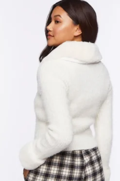 Faux Fur-Trim Cardigan Sweater