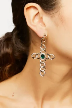 Faux Gem Chain Cross Statement Earrings
