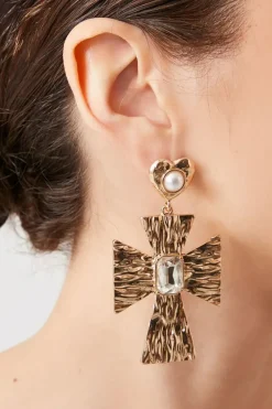 Faux Gem Cross Drop Earrings
