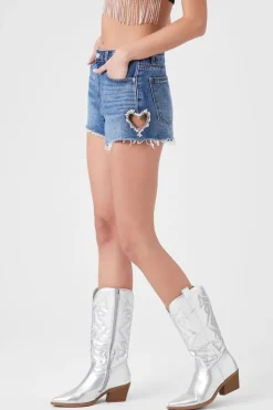 Faux Gem Heart Denim Shorts