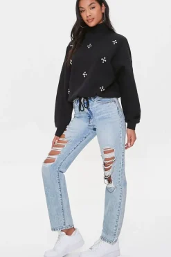 Faux Gem Mock Neck Pullover