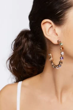 Faux Gem Open-End Hoop Earrings
