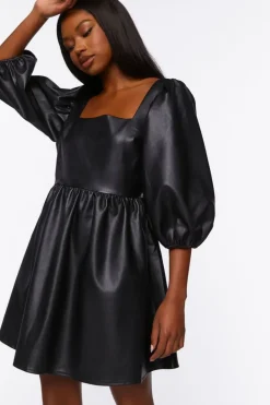 Faux Leather Balloon-Sleeve Mini Dress