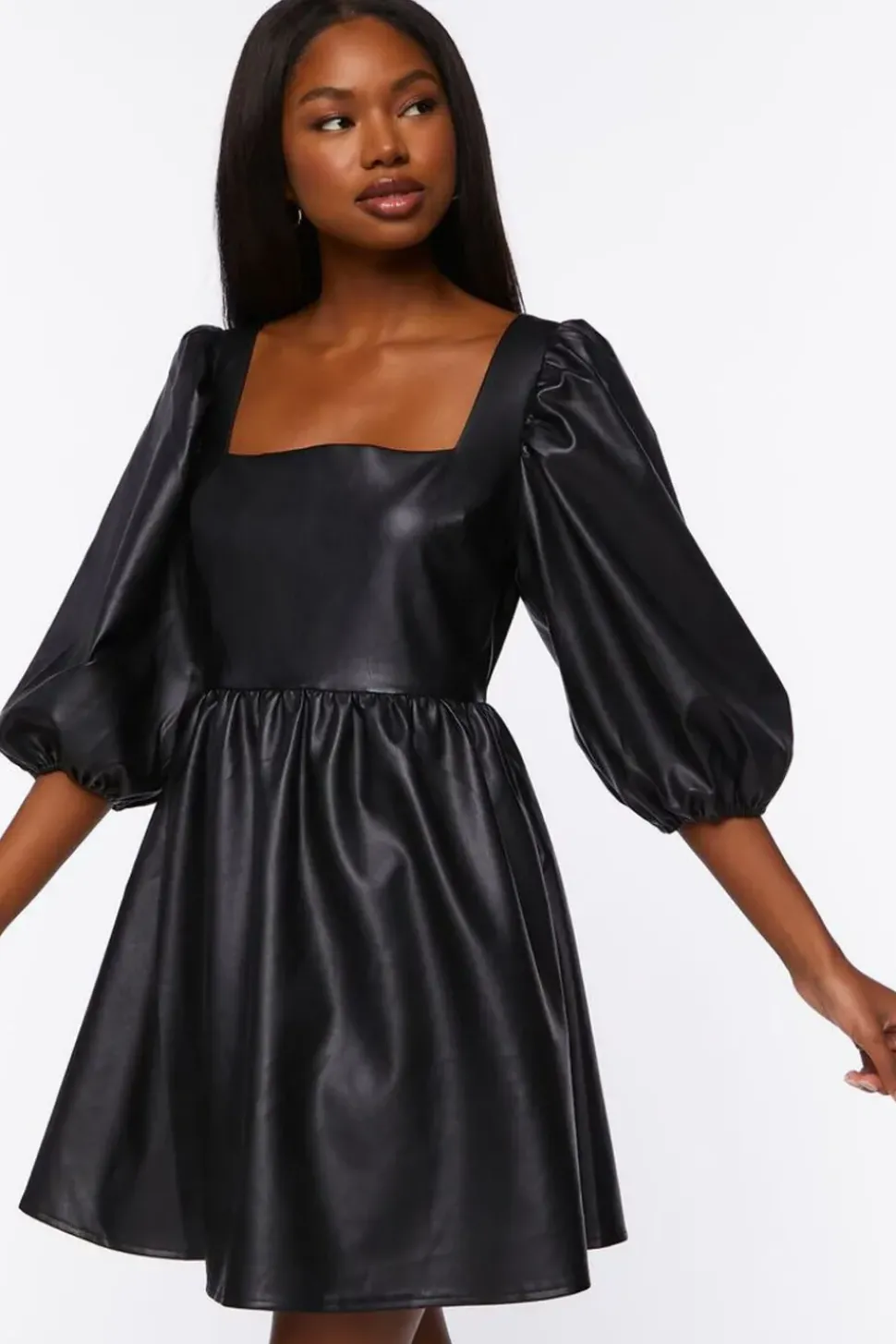 Faux Leather Balloon-Sleeve Mini Dress