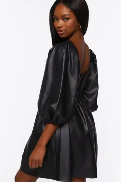 Faux Leather Balloon-Sleeve Mini Dress