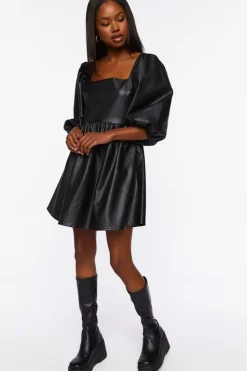 Faux Leather Balloon-Sleeve Mini Dress