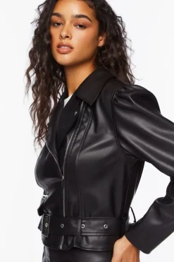 Faux Leather Belted Moto Jacket