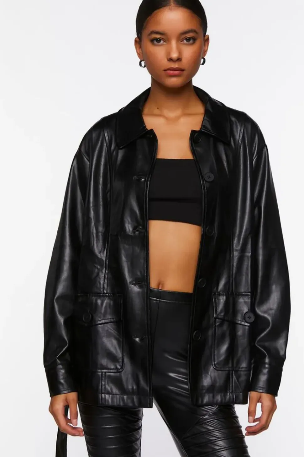 Faux Leather Belted Shacket