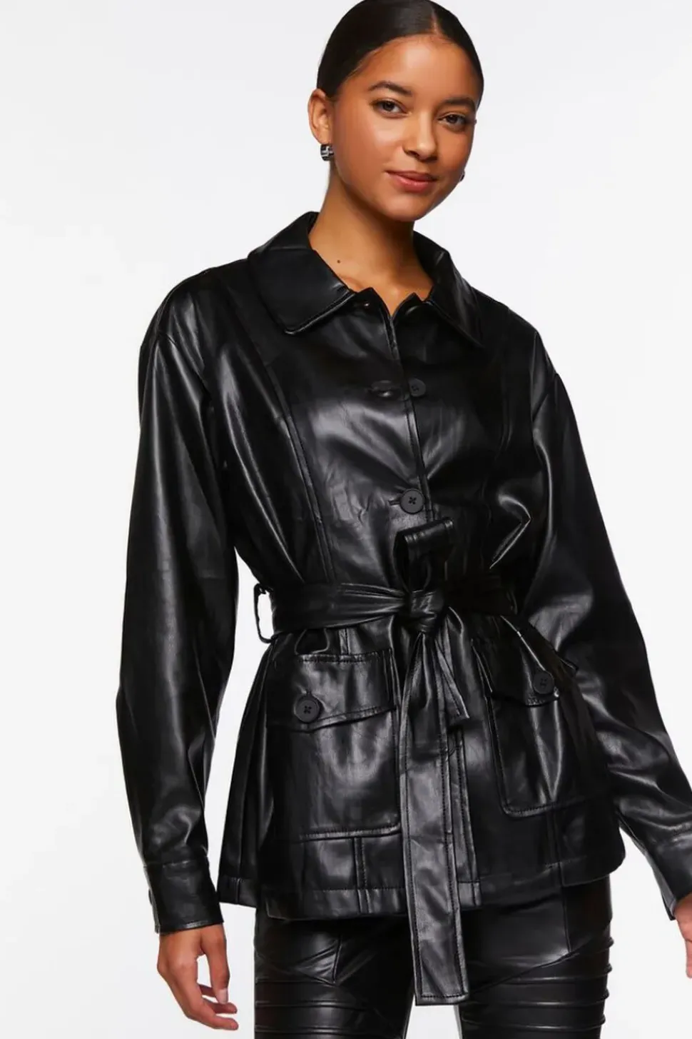 Faux Leather Belted Shacket