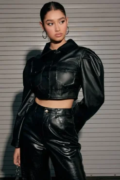Faux Leather Cropped Trucker Jacket