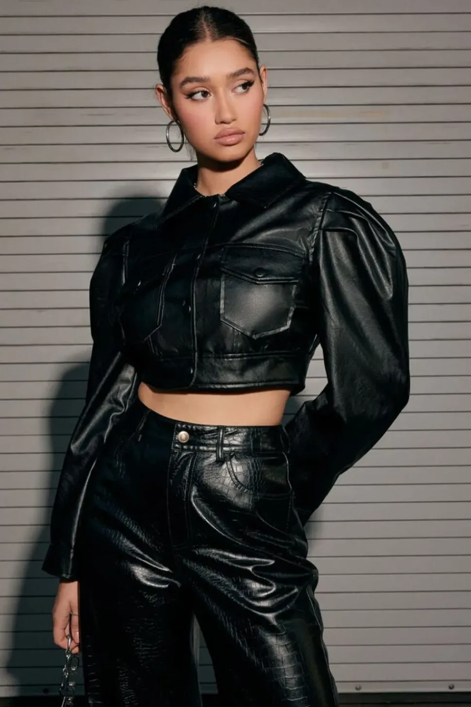 Faux Leather Cropped Trucker Jacket