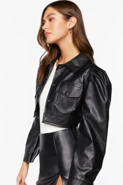 Faux Leather Cropped Trucker Jacket