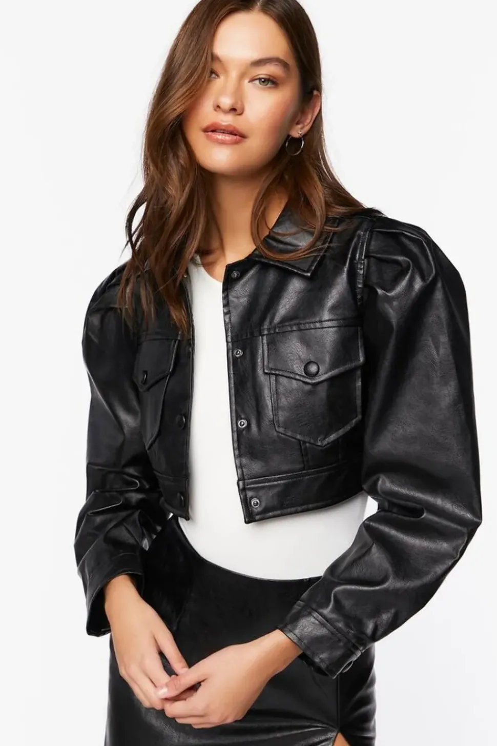 Faux Leather Cropped Trucker Jacket