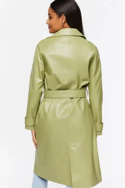 Faux Leather Double-Breasted Trench Coat