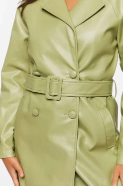 Faux Leather Double-Breasted Trench Coat