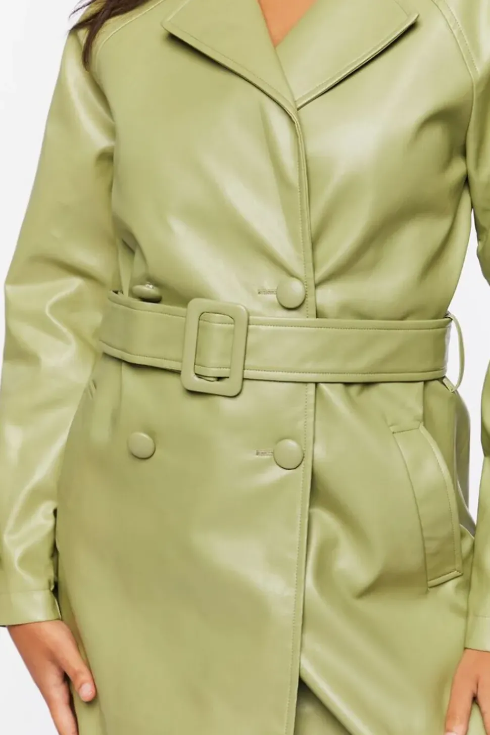 Faux Leather Double-Breasted Trench Coat