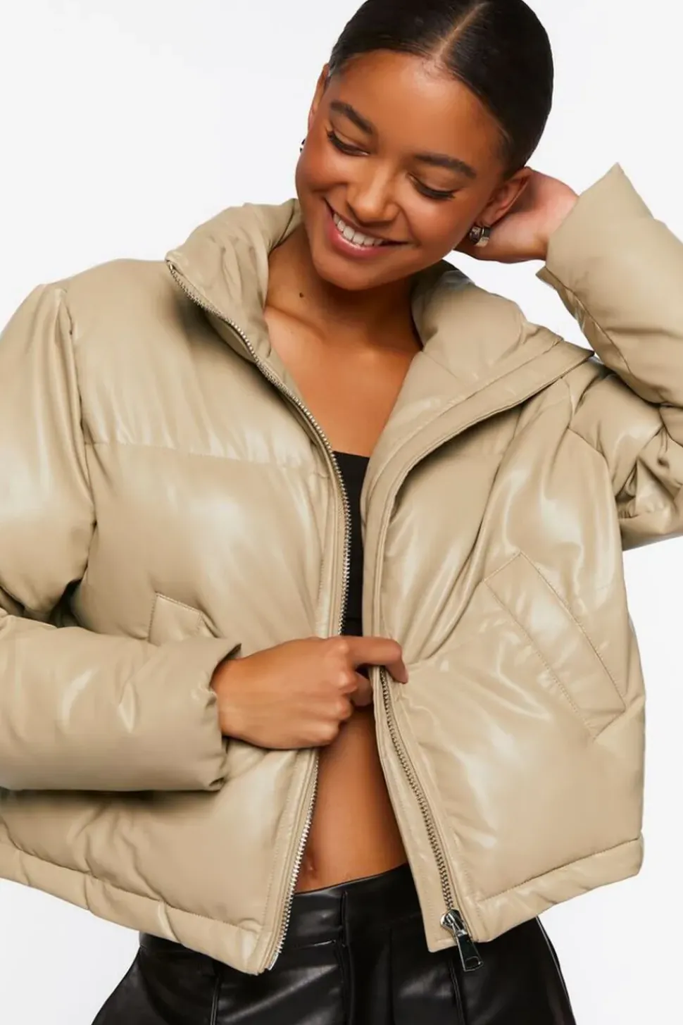 Faux Leather Drawstring Puffer Jacket