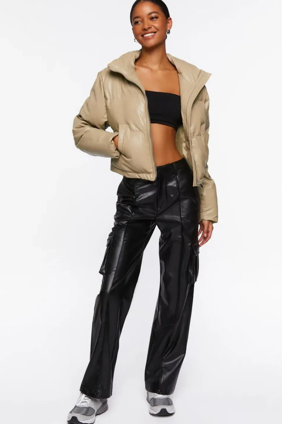 Faux Leather Drawstring Puffer Jacket