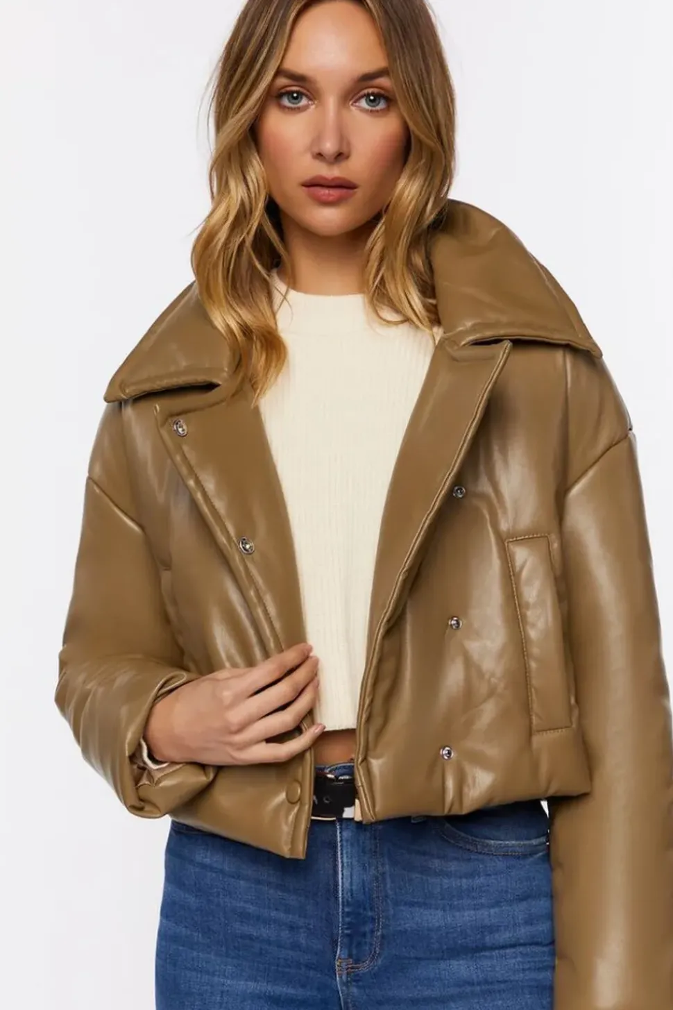 Faux Leather Foldover Puffer Jacket
