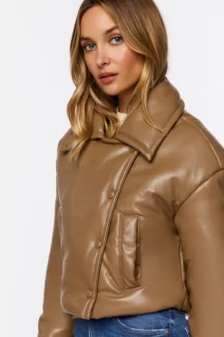 Faux Leather Foldover Puffer Jacket