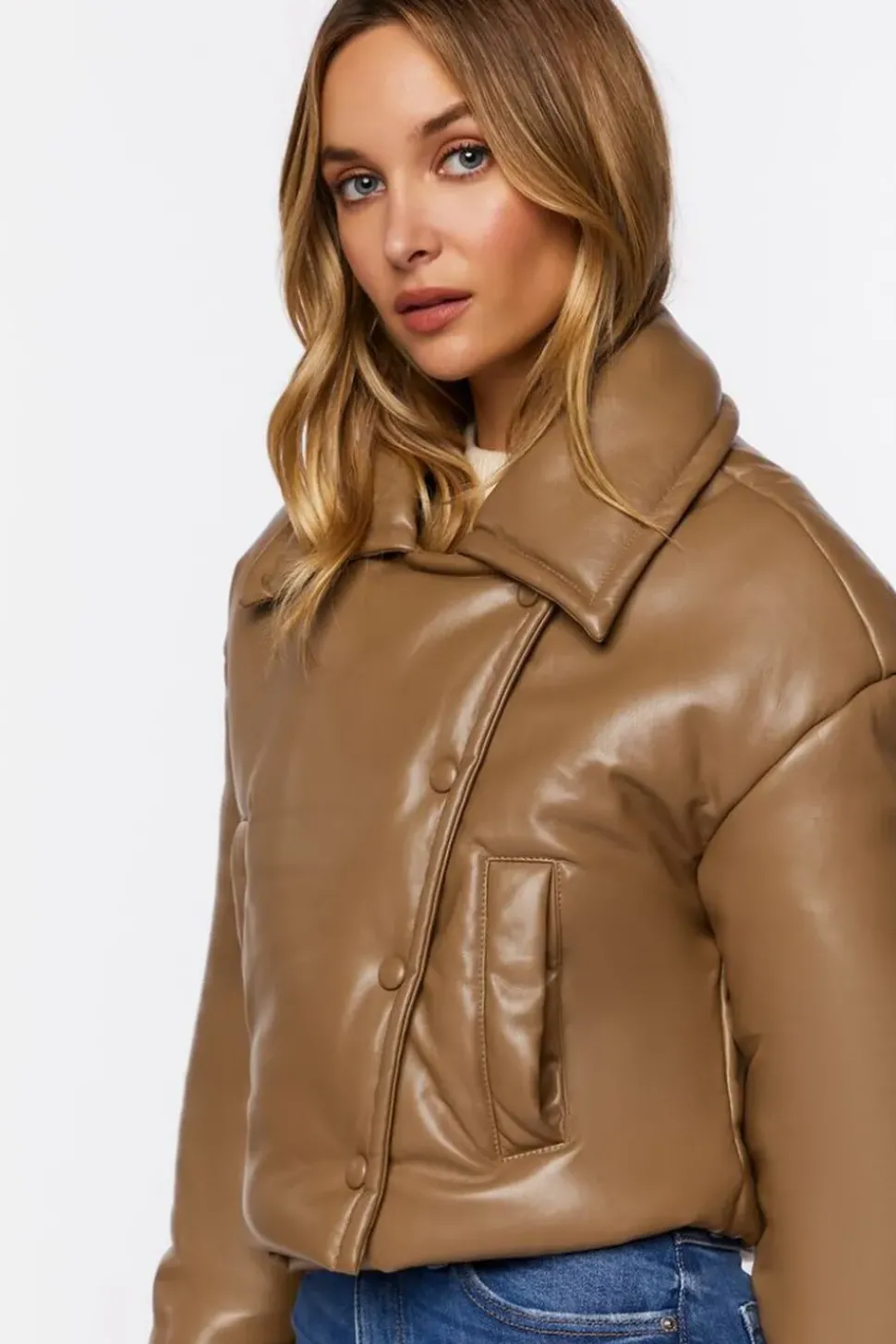 Faux Leather Foldover Puffer Jacket