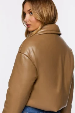 Faux Leather Foldover Puffer Jacket