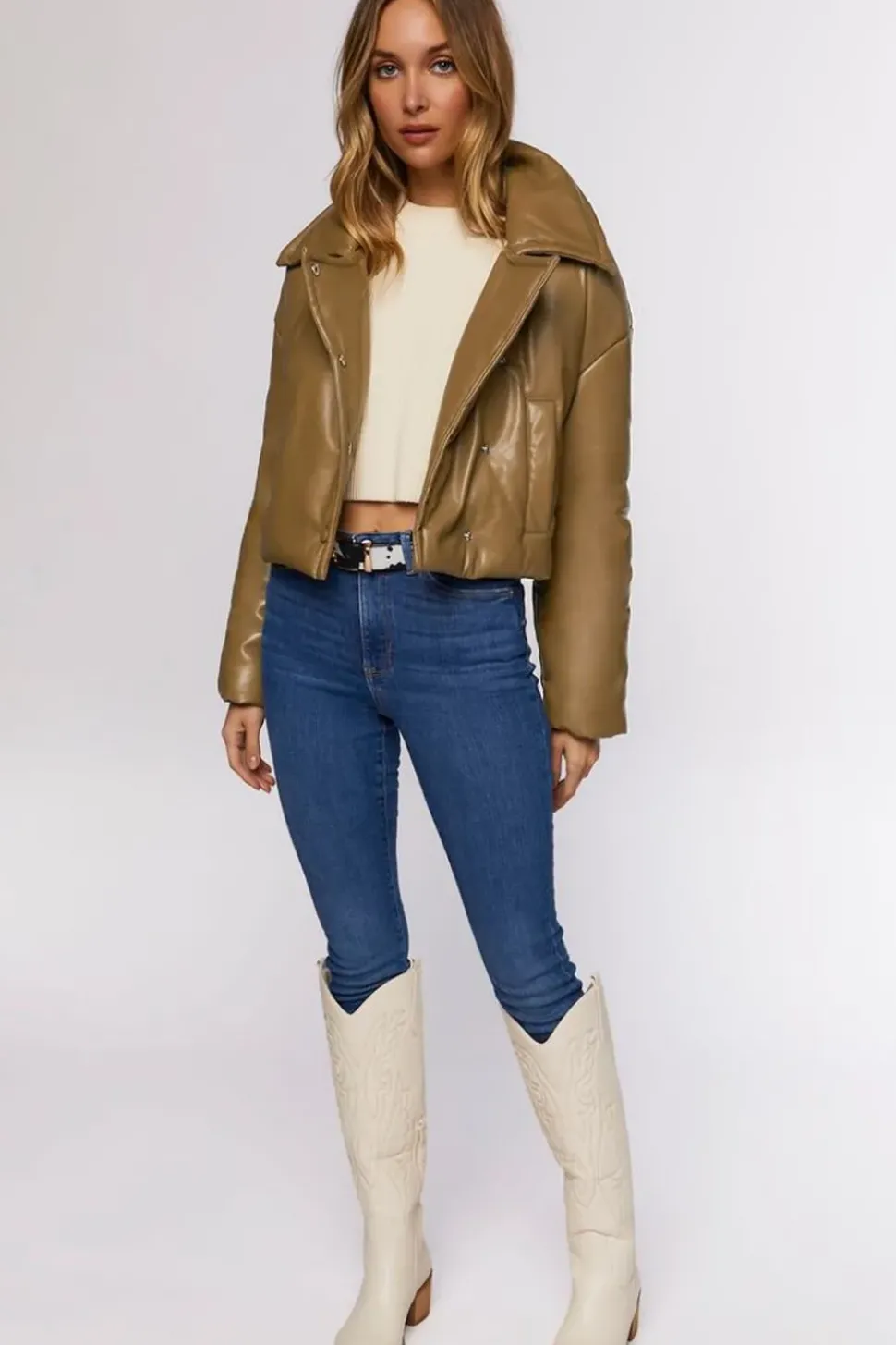 Faux Leather Foldover Puffer Jacket