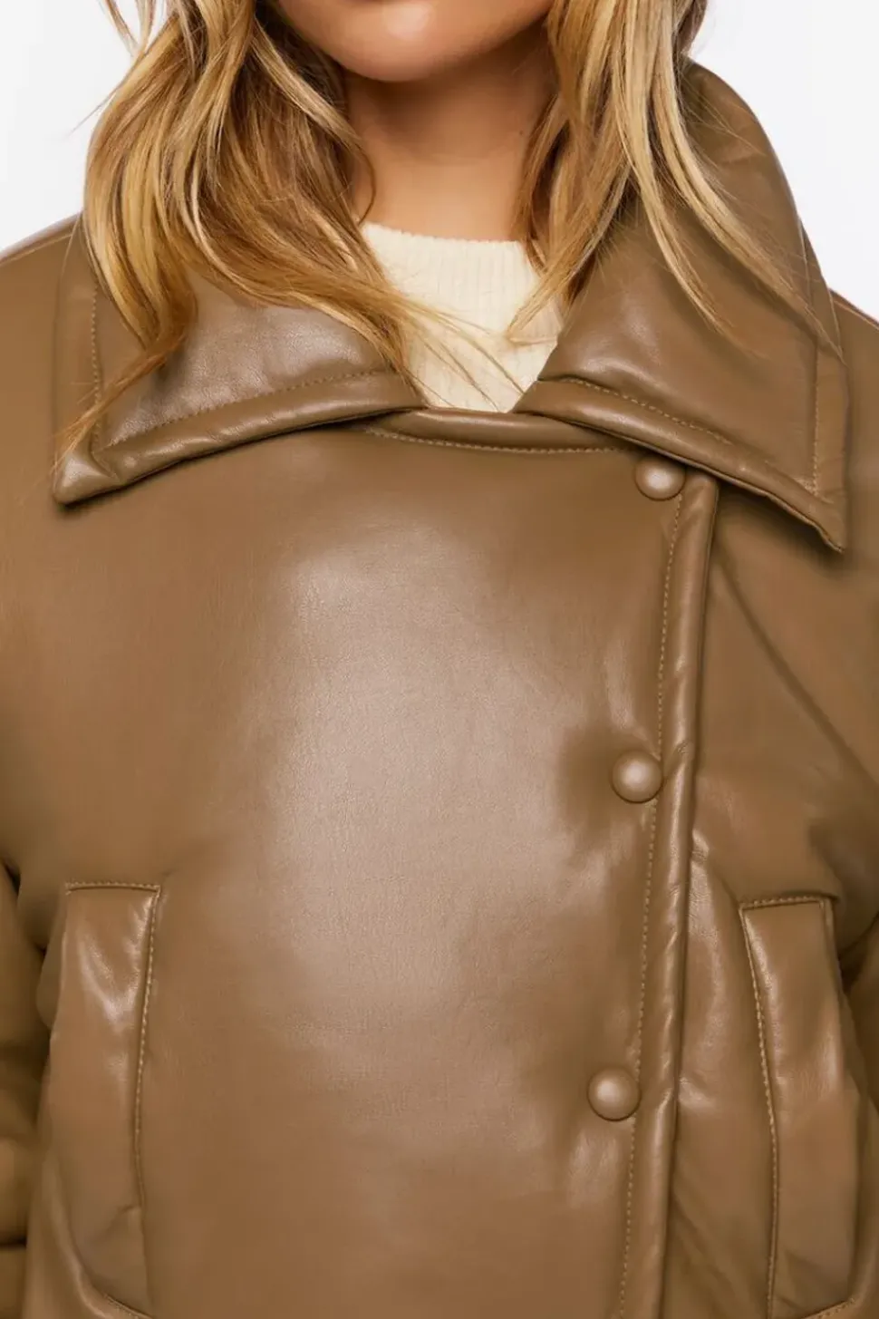 Faux Leather Foldover Puffer Jacket