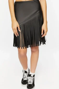 Faux Leather Fringe Midi Skirt
