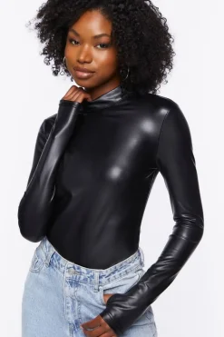 Faux Leather Long-Sleeve Bodysuit