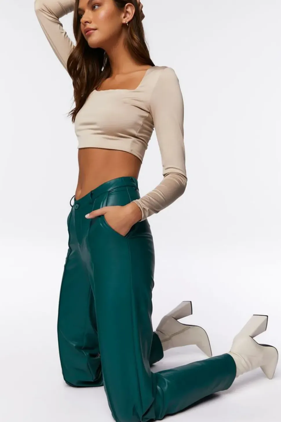 Faux Leather Mid-Rise Trousers