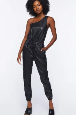 Faux Leather One-Shoulder Jumpsuit