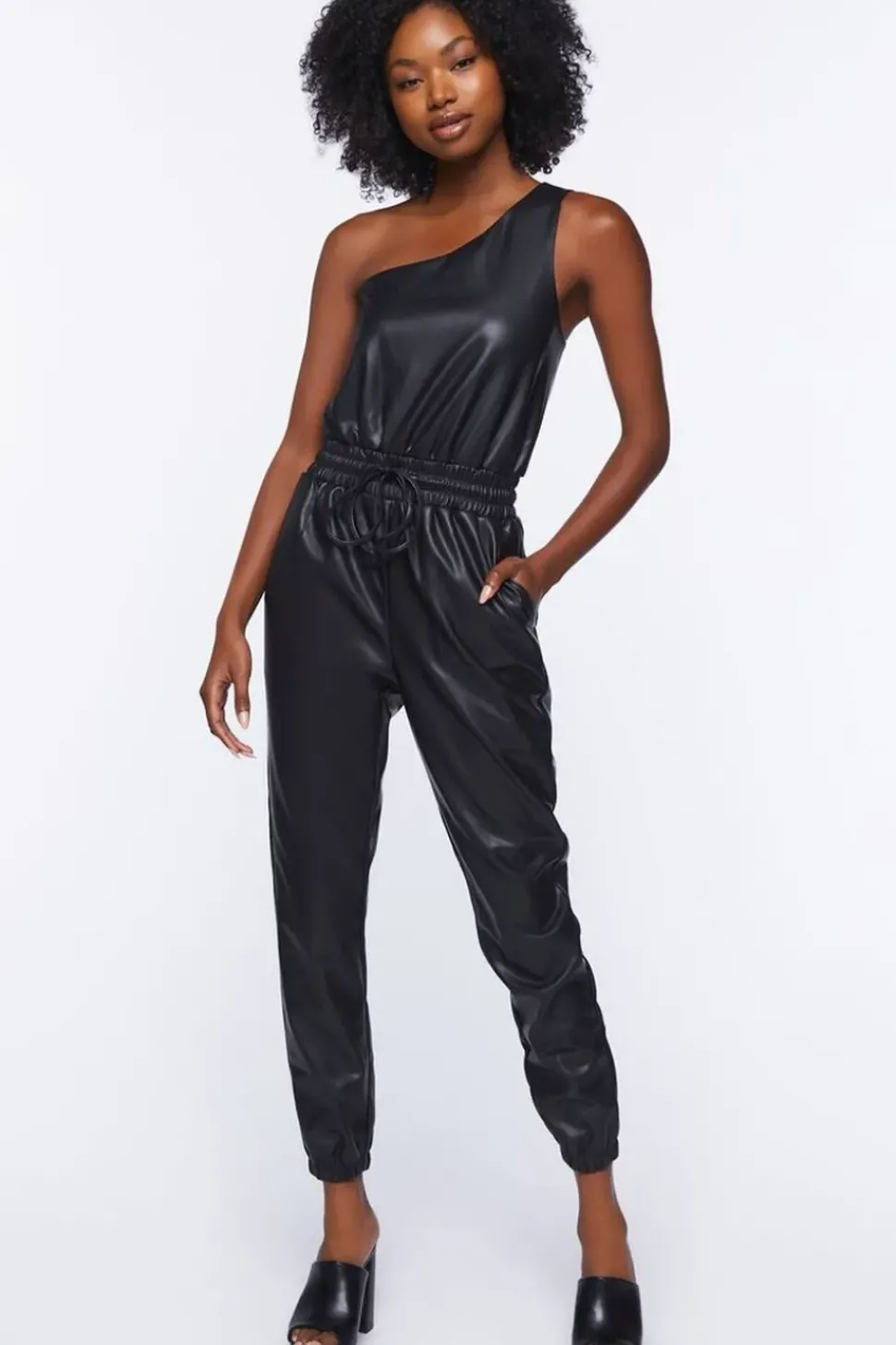 Faux Leather One-Shoulder Jumpsuit